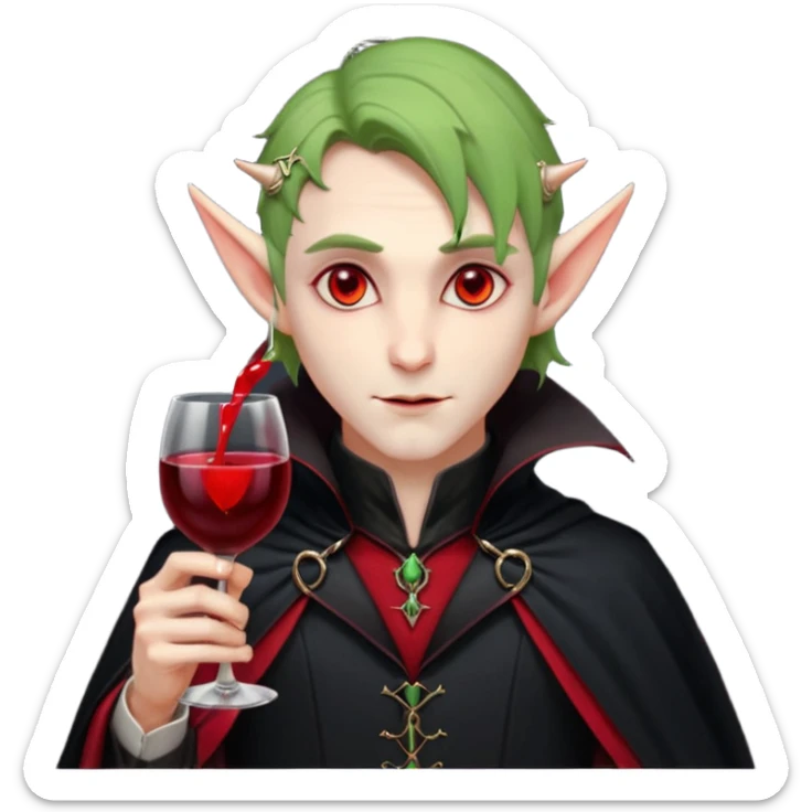 male elf vampire emoji, pale skin, red glowing eyes, long pointed ears, black high-collared cloak with red lining, holding a wine glass filled with red liquid, elegant Halloween fantasy look, smooth Apple emoji style, clean white background, square image sticker