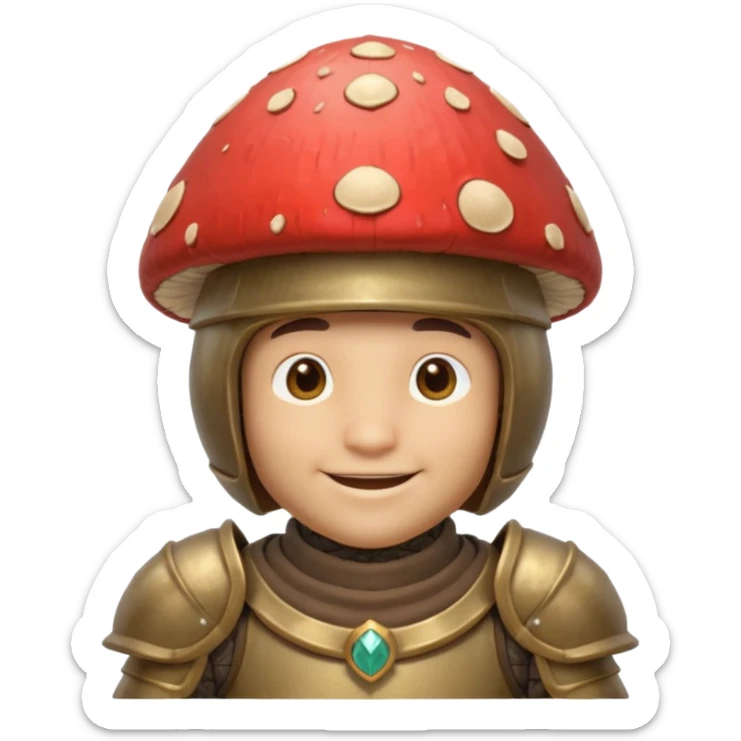 mushroom knight portrait, head and shoulders only, helmet made entirely of a large mushroom cap, textured mushroom surface, tiny fantasy armor collar, heroic smile, magical forest vibe, 3D cartoon, mobile game icon style, clean background, no text, no watermark
 
 sticker