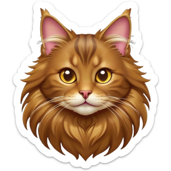 Cinematic Cute Brown Maine Coon Cat Portrait Emoji, Head tilted playfully with a touch of sass, sleek brown and gold fur with a majestic mane, Simplified yet hilariously adorable features, highly detailed, glowing with a warm, confident glow, high shine, mischievous yet lazy, stylized with a touch of playful whimsy, bright and endearing with a comical expression, soft glowing outline, capturing the essence of a quirky yet loving and lazy kitty, so meme-worthy it feels like it could stretch out of the screen and demand attention in the most dramatic way! sticker