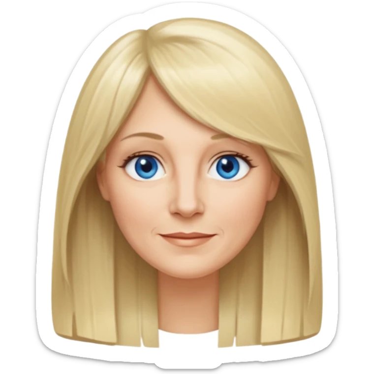 50 yr old white woman, curtain bangs, very long straight blond hair, oval face, small smile, blue eyes, thin face, hair down to elbows, round cheeks, pale, longer hair sticker