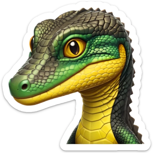 cinematic-realistic-cute-monitor-lizard-portrait-emoji,-head-tilted-playfully-and-inquisitively,-featuring-a-compact,-agile-body-with-finely-detailed,-glossy-scales-in-earthy-black and yellow-hues-and-a-distinct,-alert-face-with-bright,-curious-eyes, black , yellow spotted and green band  scales and a big long neck sticker