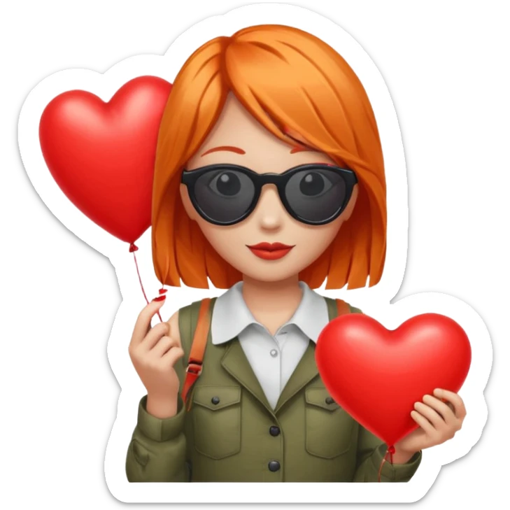 orange hair girl with sun glasses holding red heart balloon sticker