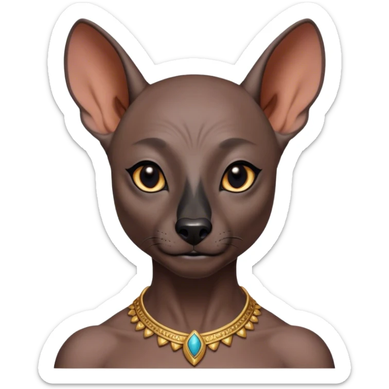 Cinematic Noble Xoloitzcuintle Portrait Emoji, Poised and regal, with a sleek, muscular build and smooth, hairless ebony skin accented by subtle wrinkles, deep-set soulful dark eyes, Simplified yet sharp and sophisticated features, highly detailed, glowing with a soft, dignified glow, high shine, intelligent and loyal, stylized with an air of ancient grace, focused and attentive, soft glowing outline, capturing the essence of a watchful and confident guardian, so majestic it feels as though it could stride out of the screen with effortless authority! sticker