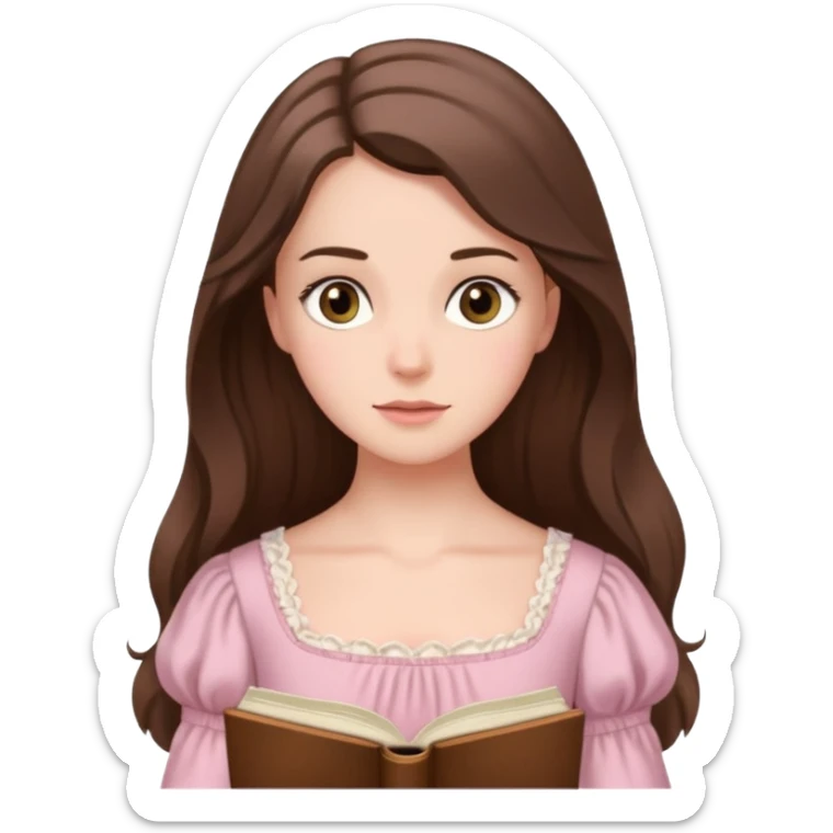  white long brunette hair girl with hazel eyes in light pink reading Pride and Prejudice sticker