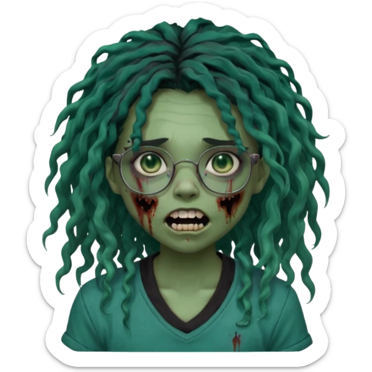 One girl greenskinned, zombie with glasses, with ombre black roots, dark teal long locks & side bang of her locs that fall over slightly covering the right eye, a sinister expression w/ the mouth open, teeth showing, and the jaw uneven. with a small wound near its mouth, her locks curly, black shirt sticker