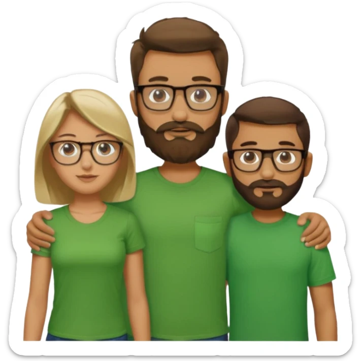 A family consisting of a man who's bearded, tanned, wearing glasses, a woman, slightly tanned, and a 14 year old teenage boy, slightly tanned, wearing a green t-shirt, not everyone is wearing glasses,  sticker