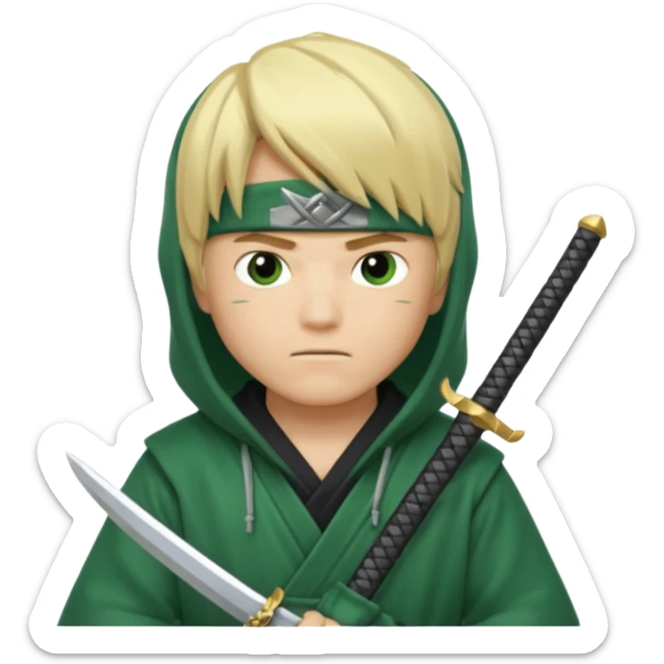 Green ninja Lloyd garmadon blonde hair, kaptur hoody on his head but blonde grzywka visible; the bottom left one is best (the one without miecze + black band + no mask of face) but add miecz; I want no band on head  sticker