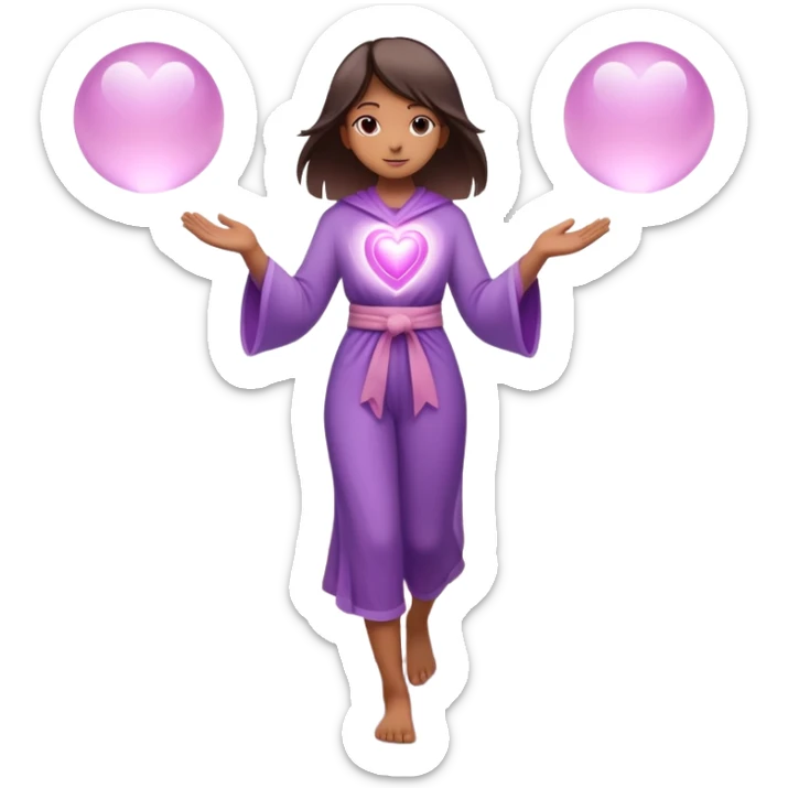 A small figure walks back across a foggy bridge, holding soft pink and purple orbs in each hand—symbolizing compassion and forgiveness. A gentle heart aura trails behind them, showing healing in motion. sticker