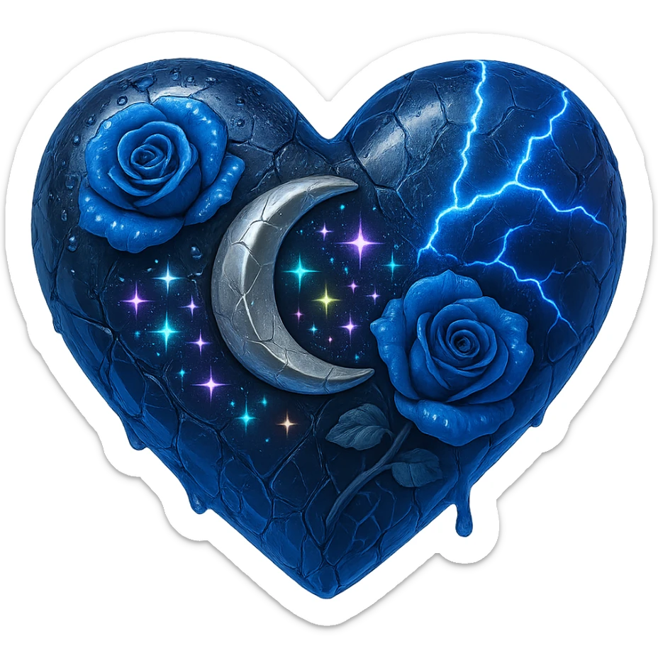 Edit the image to depict a blue gothic heart made of deep blue glass with a silver crescent moon, midnight blue roses, holographic stardust, neon lightning, drenched look, and splintered glass texture. The style should resemble 3D emoji style. Remove the background. sticker