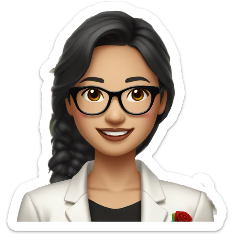 Asian girl, smiling with teeth and dimples on the cheeks, fair skin, black long hair, black eyes, black glasses with gold frames, red lipstick, wearing a white lace tank top and a black office jacket on top, with pink and red roses around her sticker