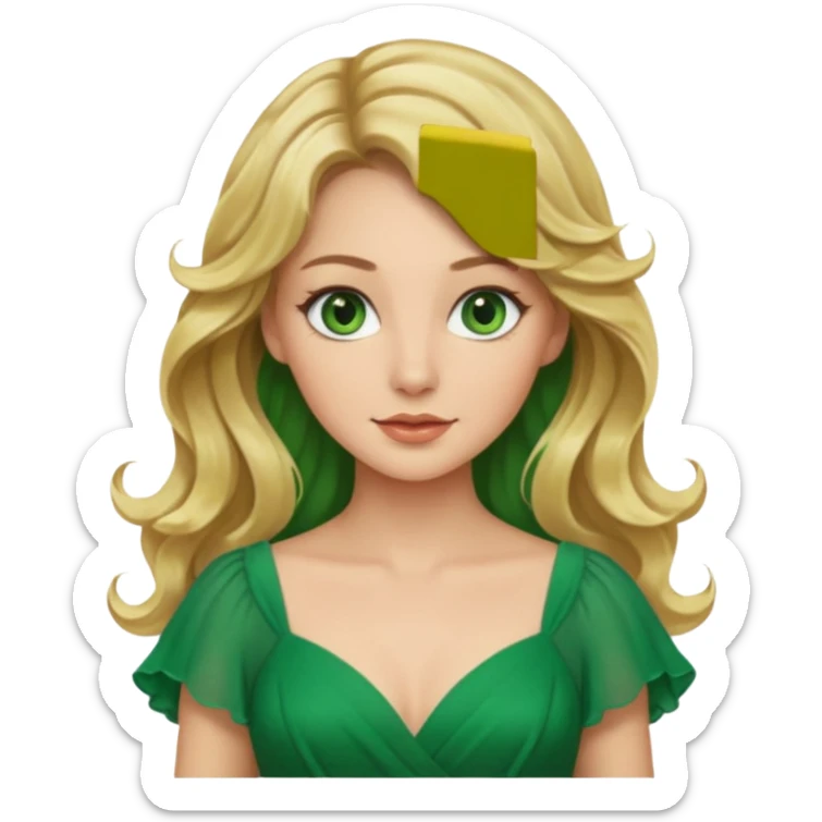 Queen, blonde wavy hair, green eyes, long green dress sticker