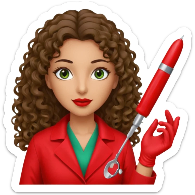 Spanish sexy evil woman. She has green eyes.  had brown long curly hair.  evil surgeon kills with scalpel wears red sexy doctor coat with red long mouth cover red gloves.  sticker