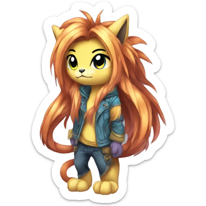 Anthro Sona Cool Edgy Cute Legendary Colorful Shy Shiny Fakemon-Fantasy-Creature With Long Hair-Mane Full Body Detailed High Quality sticker