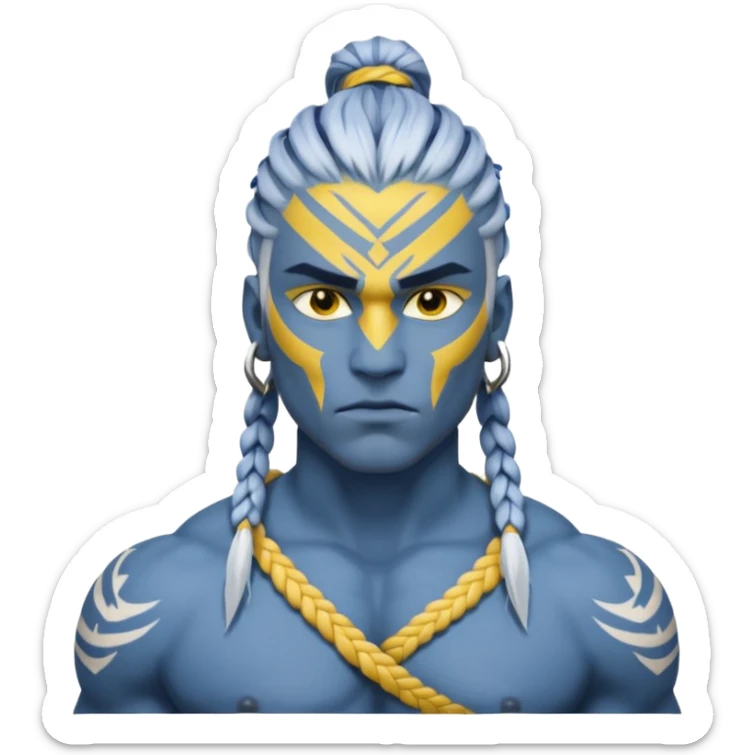 Design a Na’vi male with blue skin, tribal markings, braided hair, sharp eyes & a warrior look. sticker