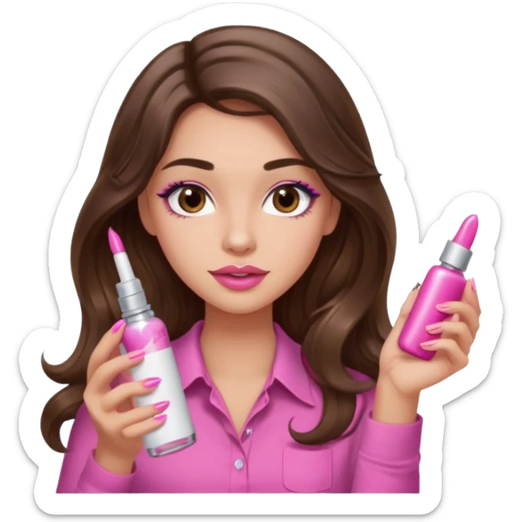 girl with long wavy brown hair, brown eyes, light to medium complexion, in a pink shirt, pink lips, long lashes, puckered lips,  painting long finger nails sticker