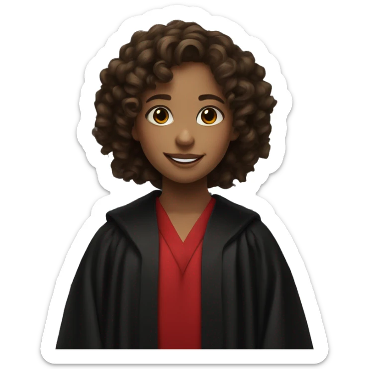 a young girl with curly brown hair, brown eyes, bigger front teeth, shes light skinned and dressed in a black robes with red tie sticker