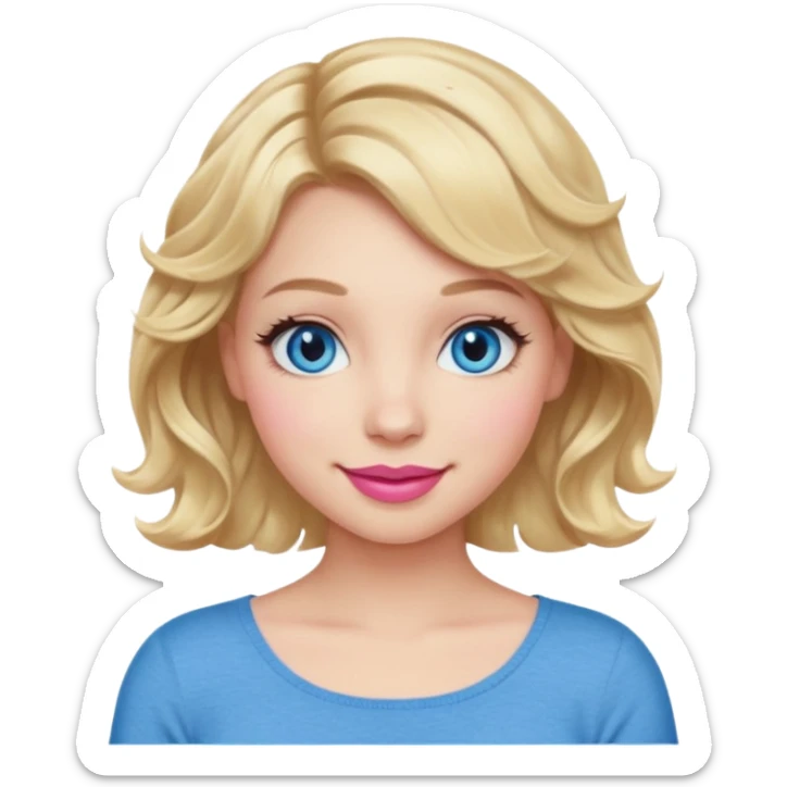 Girl Blonde short wavy hair,  blue eyes, cute blue top, long lashes, pink lips, smiling, 🙅🏻‍♀️ sticker