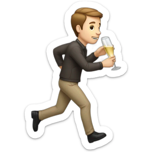 White man with very short brown hair runs with a carton of champagne sticker