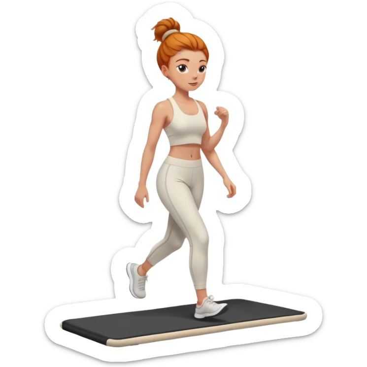 Ginger girl messy bun home gym walking on walking pad cream gym outfit sticker