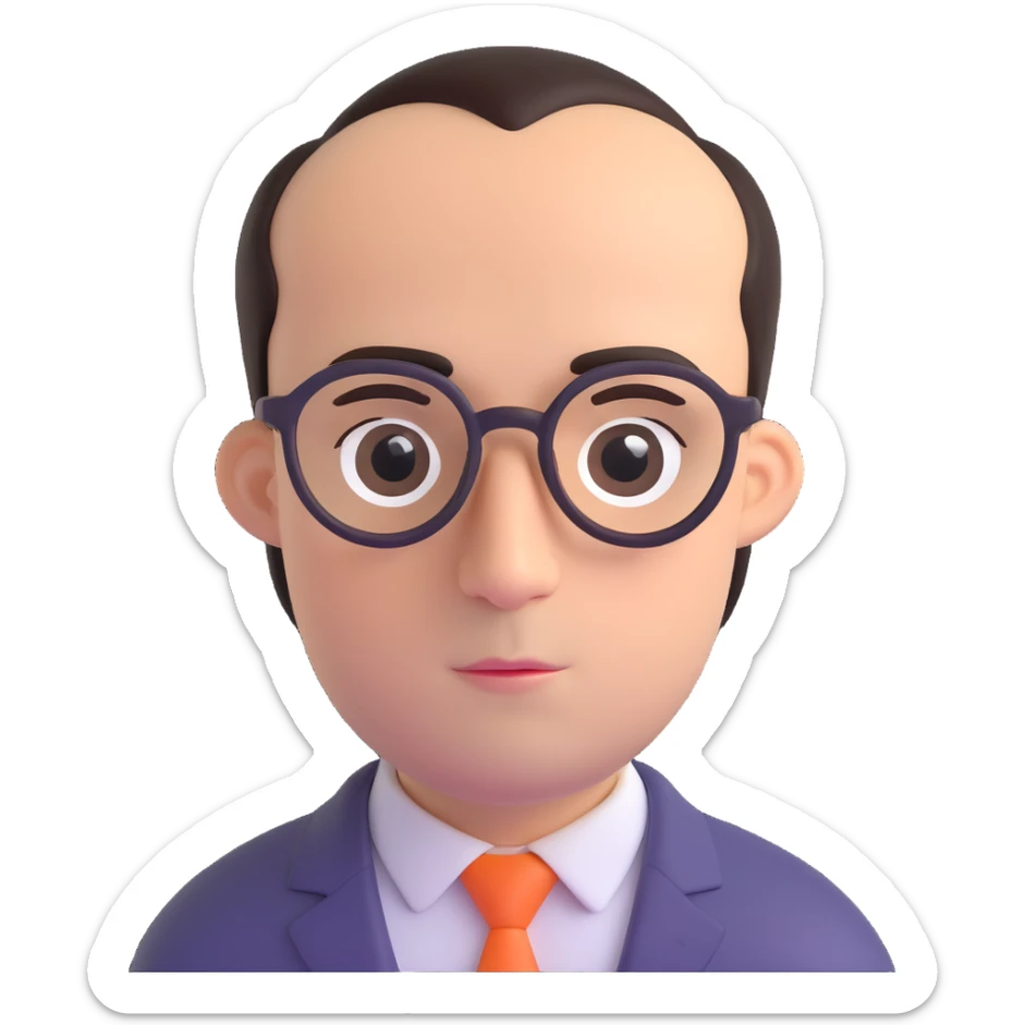 A man with an oval-shaped head, big forehead, receding hairline, dark hair, big dark eyebrows, long nose, wearing clear eyeglasses sticker