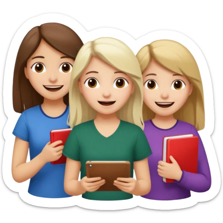 Mexican brown haired girl, white blond haired girl, and white brown haired girl all trying not to laugh while doing math sticker