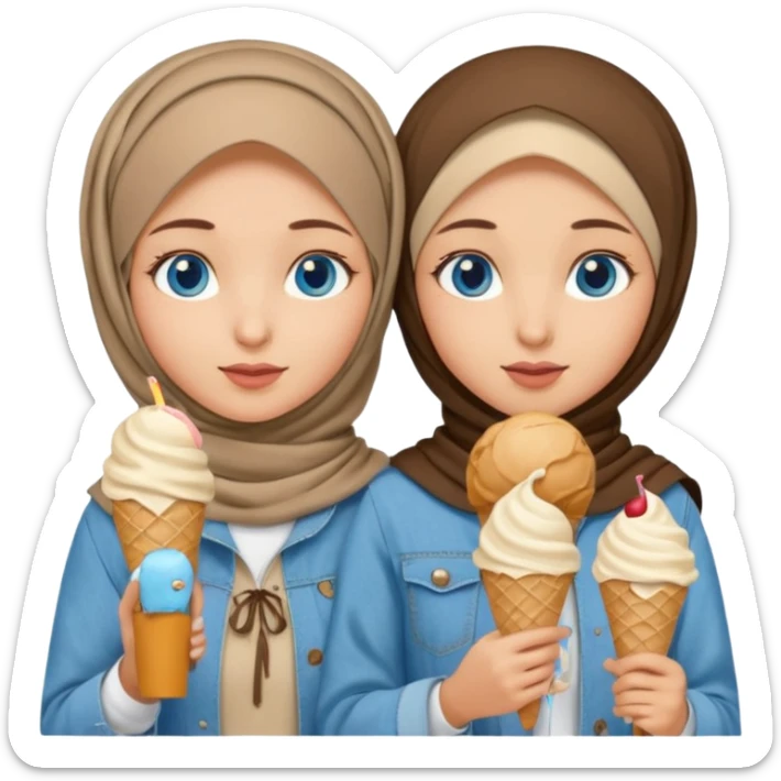 Turkish beautiful finish Konya two girls blue eyes with beige denim hijab islamic dress and had on her hand ice cream sticker