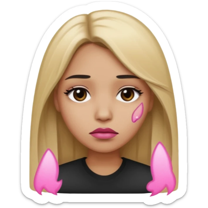 Mujer color de piel moreno claro, con cabello rubio largo, lacio y suelto, ojos negros, labios color rosita, triste  sticker