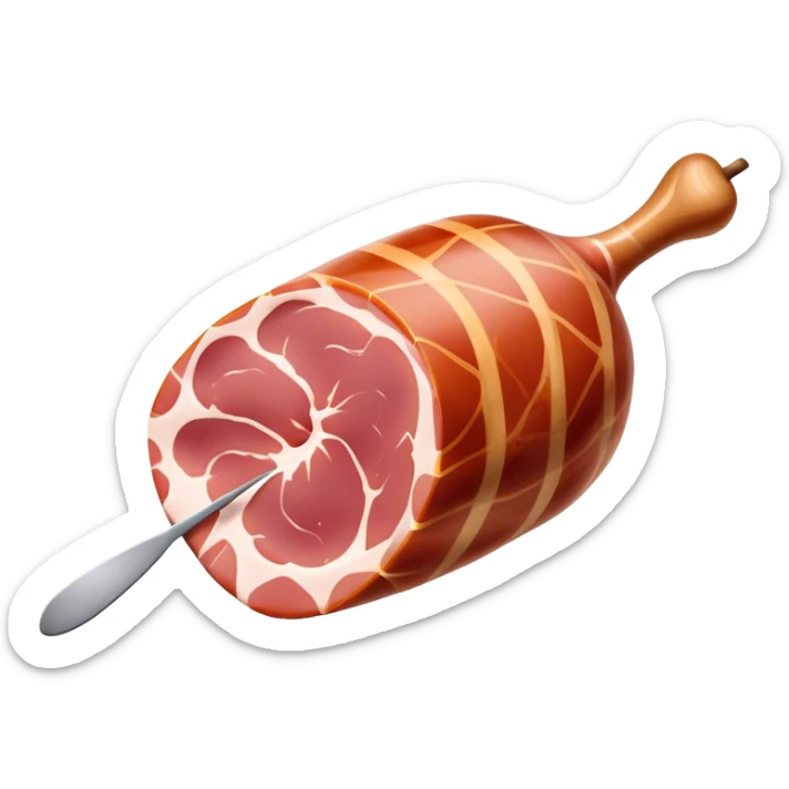 Jamón Serrano Cinematic Realistic Jamón Serrano Dish Emoji, depicted as a prominent leg of cured ham with visible marbling, rendered with rich textures and dynamic, appetizing lighting. sticker