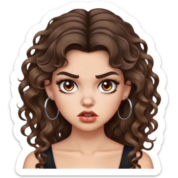 cute girl with not volominous VERY LONG curly/wavy brunette hair with balayage, brown eyes, full lips, baddie clean girl makeup and hoop earrings white girl: ANGRY FACE sticker