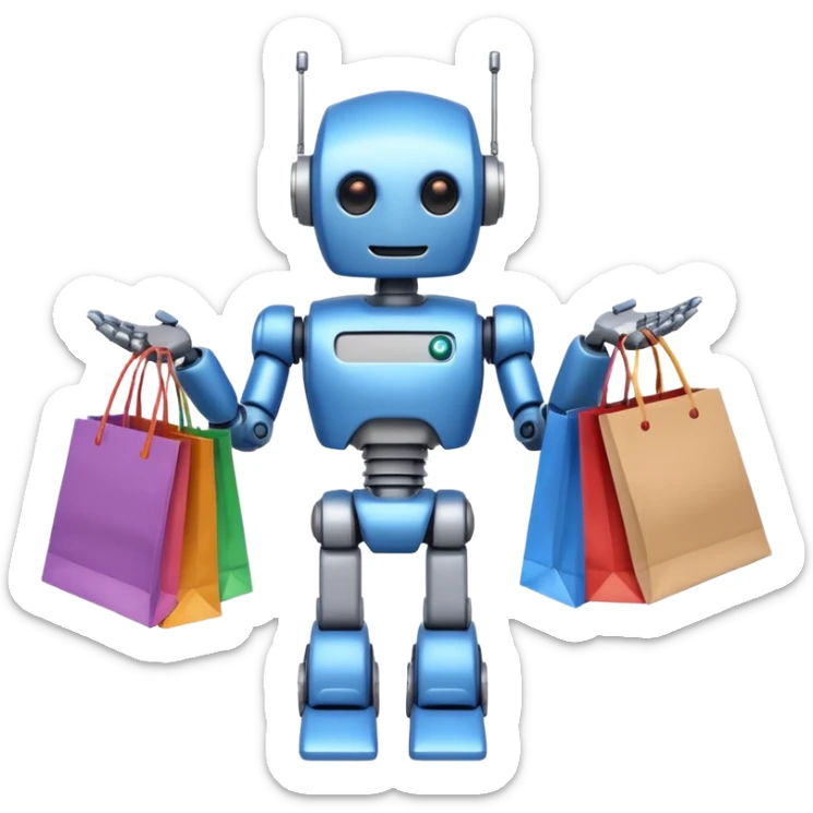 black friday robot with blue and metalic colours with bags in his hands  sticker