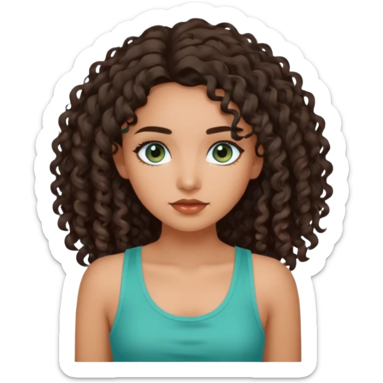 Girl with olive skin, teal eyes, dark brown  loose curly long hair, pretty white tank top sticker