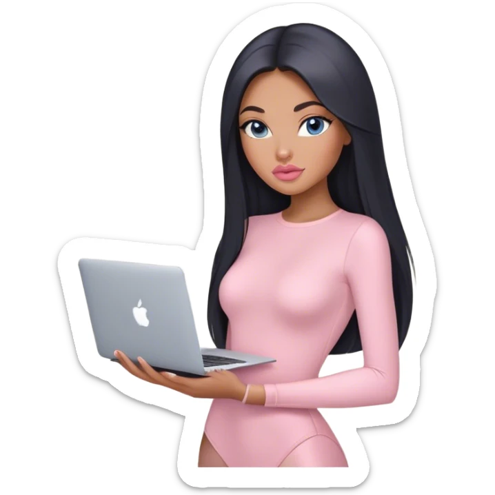 Glamours, tanned, very beautiful girl, with big pump peach-beige-rose lips, black straight smooth silky long hair, straight parting, blue-grey eyes, in light-pink bodysuit holding MacBook sticker