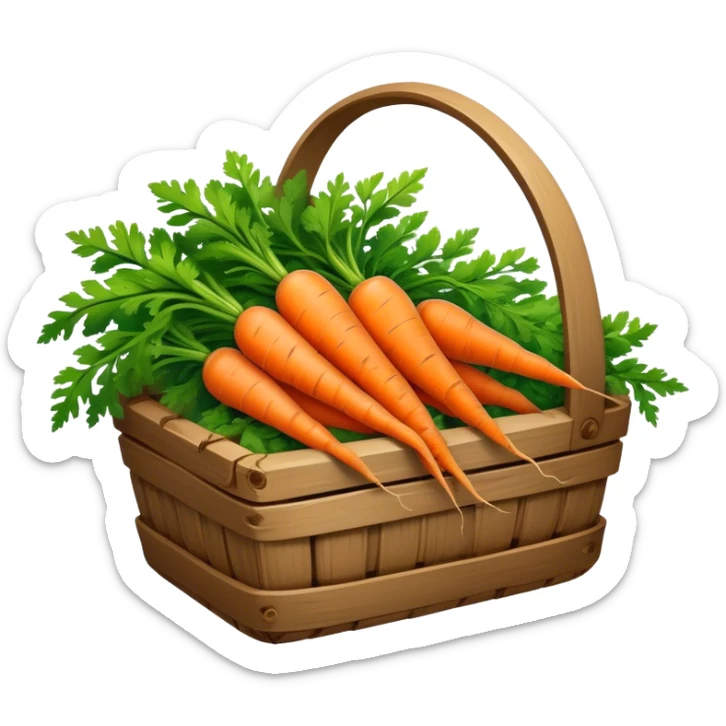 Cinematic vibrant orange carrot, crisp and fresh, slightly twisted with green leafy tops, arranged in a rustic wooden basket, natural and inviting. sticker