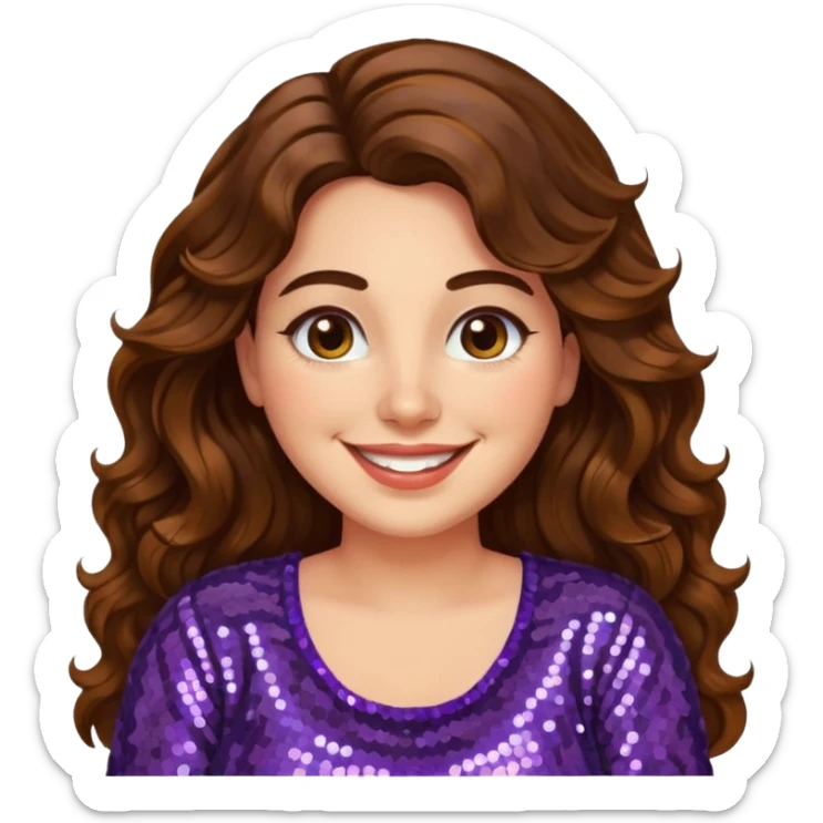30 yr old italian woman, long brown wavy hair, big brown eyes, huge smile, sequin shirt, no bangs, a bit chubby sticker