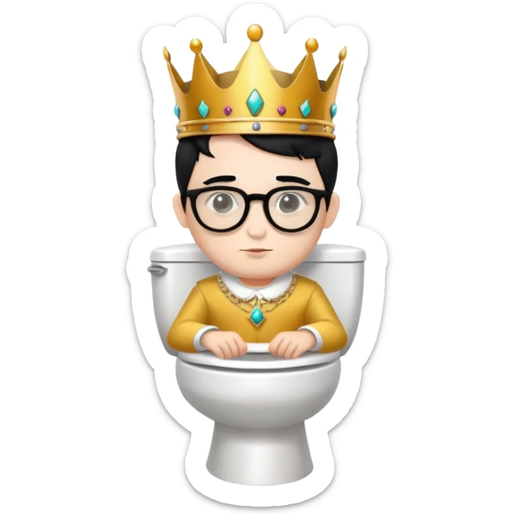 King with crown sitting on a toilet, wearing round glasses and black hair sticker
