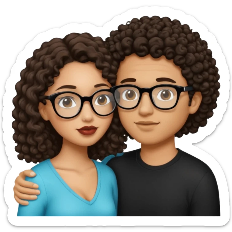 light skin girl with dark brown hair kissing a light skin guy that is a bit darker than her with curly hair and black glasses sticker