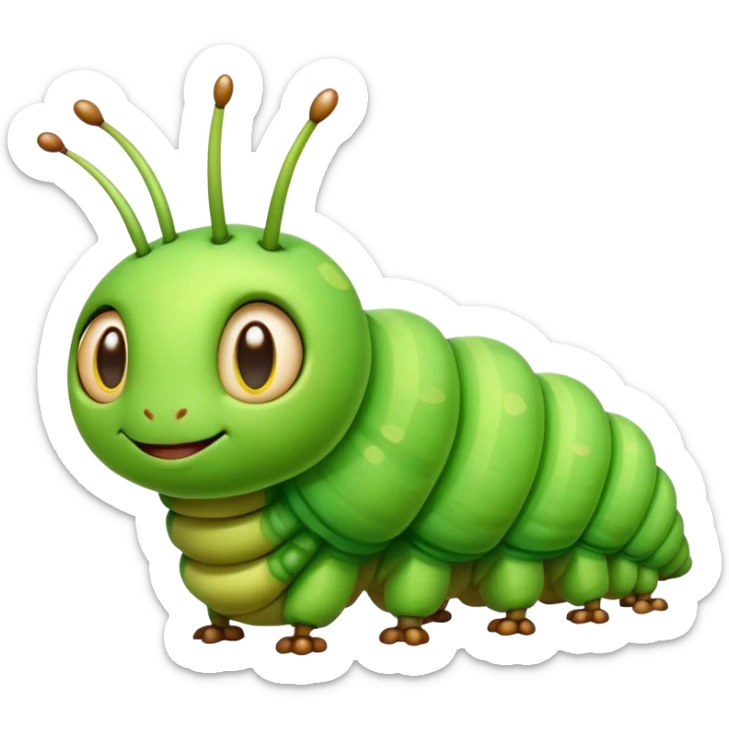 Cinematic Realistic Cute Caterpillar Portrait Emoji, Head tilted playfully and inquisitively, featuring a compact, segmented body in bright, vibrant green with delicate, inviting textures and a charming, rounded face with sparkling eyes full of curiosity, rendered with lifelike detail and natural highlights, high shine, affectionate and spirited, styled with a touch of garden whimsy, soft glowing outline, capturing the essence of a mischievous yet lovable caterpillar that seems poised to crawl cheerfully into your arms! sticker