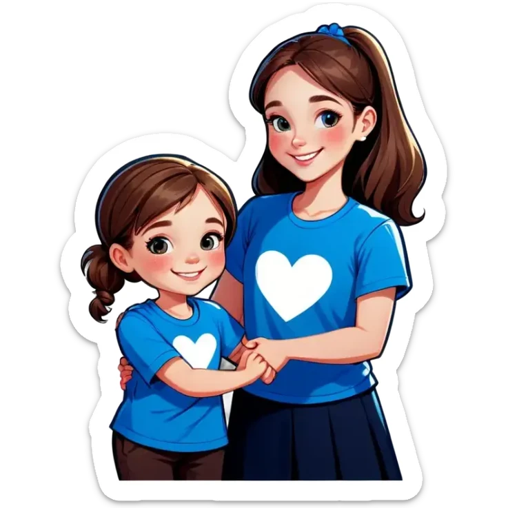 Little Girl, white skin, bronze hair, smile, tutor, bright blue t shirt sticker