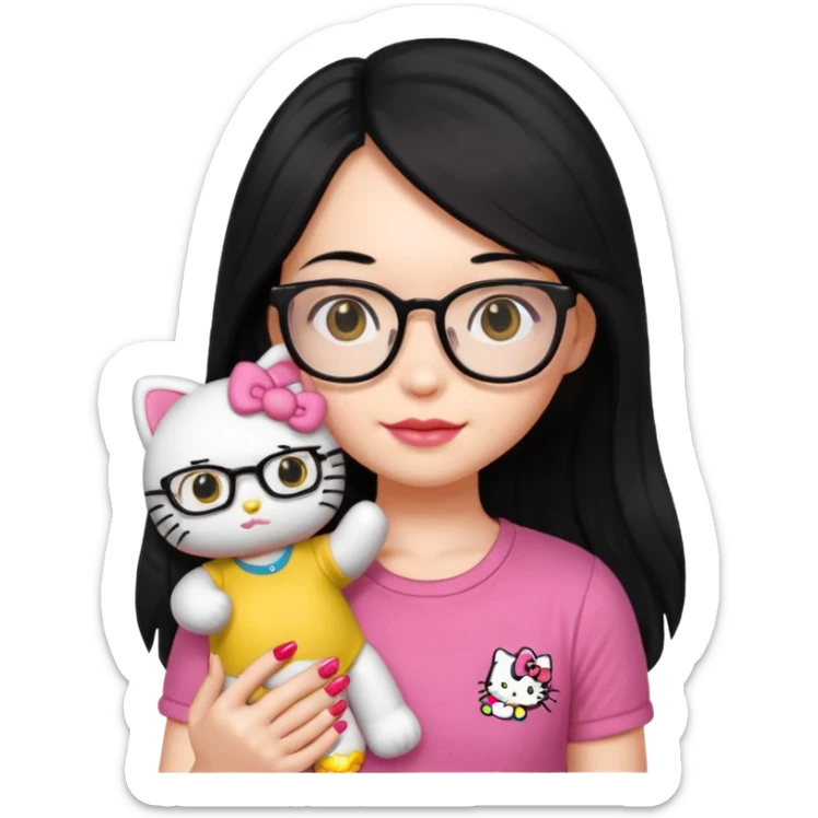 Nails cute with hello kitty wear glasses black long  hair, wear yellow shirt , red nails , big hello kitty doll sticker