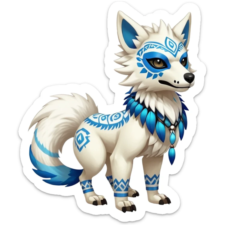 Furry cute colorful exotic tribal feral anime-styled Fakémon-Pokémon-animal-creature with a white wolf-skull-head-mask-face, and blue feathers around neck, with long furry ears, long furry tail, 4 legs, (full body), with intricate pattern-markings sticker