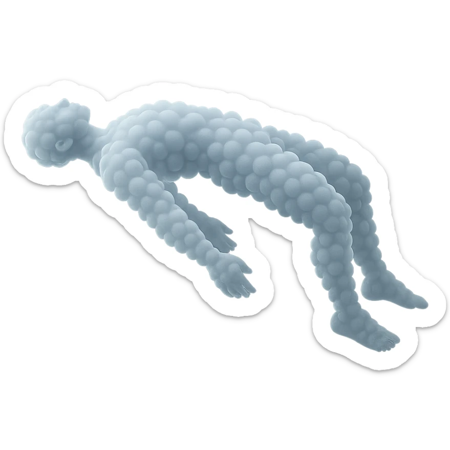 side view of unconscious person flying torso up, legs and arms down, made of small very bright white fluffy convex clouds, matte glass style sticker