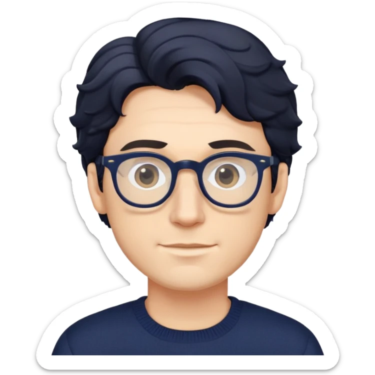 Caucasian male with wavy black hair wearing eyeglasses and a dark navy blue long sleeve pullover sweater sticker