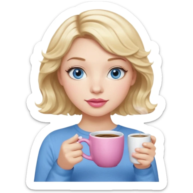 Girl Blonde short wavy hair,  blue eyes, cute blue top, long lashes, pink lips, holding coffee mug sticker