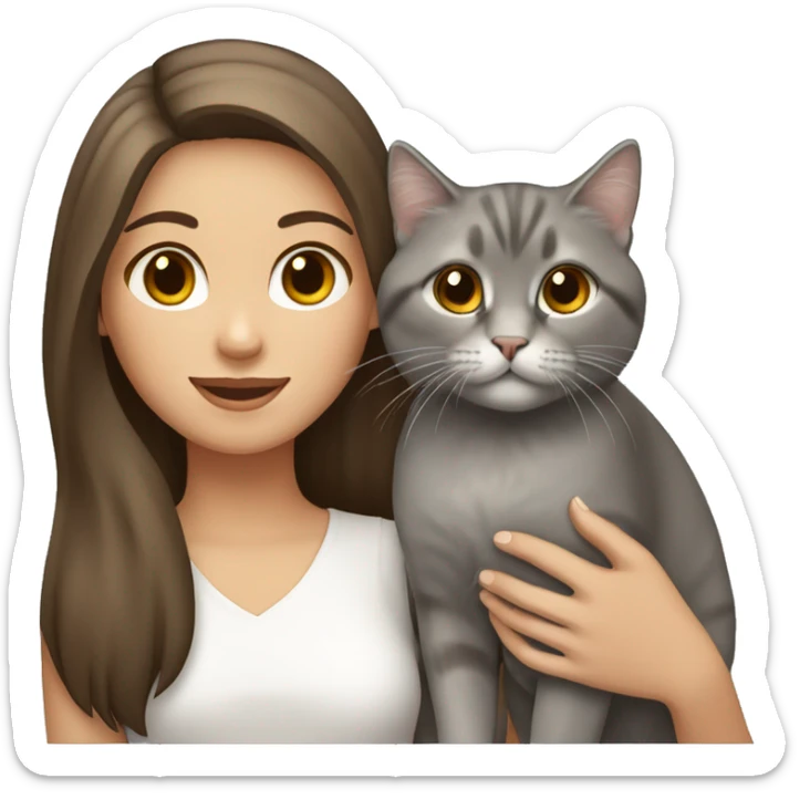 Brown straight hair girl holding Siberian gray cat  sticker