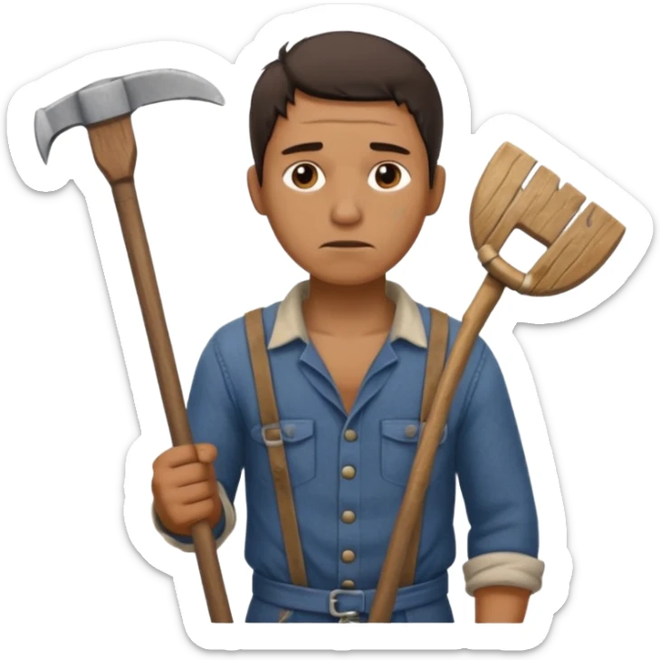 Emoji portrait of a male agricultural slave. He has a tired expression and wears rough clothes, holding a hoe over his shoulder. sticker