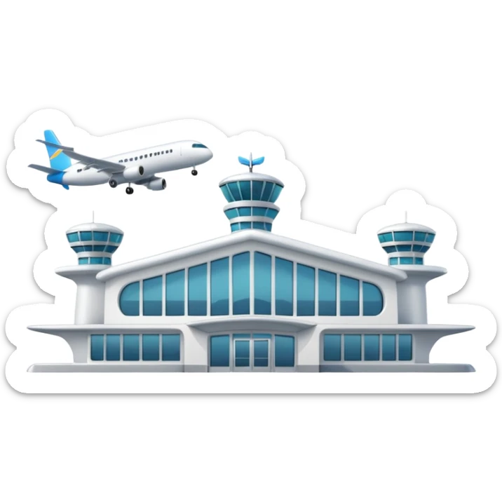 A 3D cartoon airport terminal building with glass windows and airplanes nearby, clean lighting, Memoji-style rendering. sticker