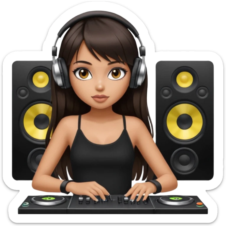 generate a pretty bratz girl in black cami top, dark brown straight long hair with bangs, eyeliner on, djing sticker