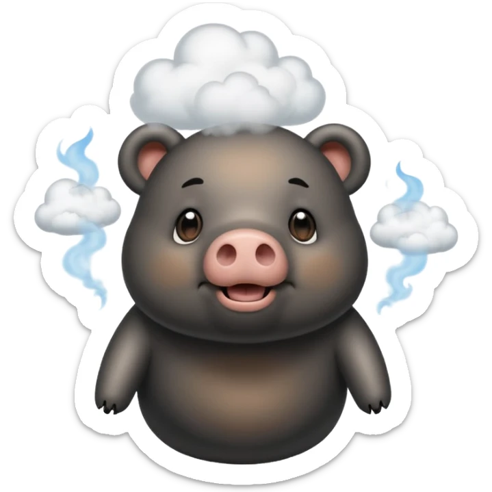 Hybrid bear pig, black and tan, saying hello with big clouds of smoke coming out of his pig snout.  sticker