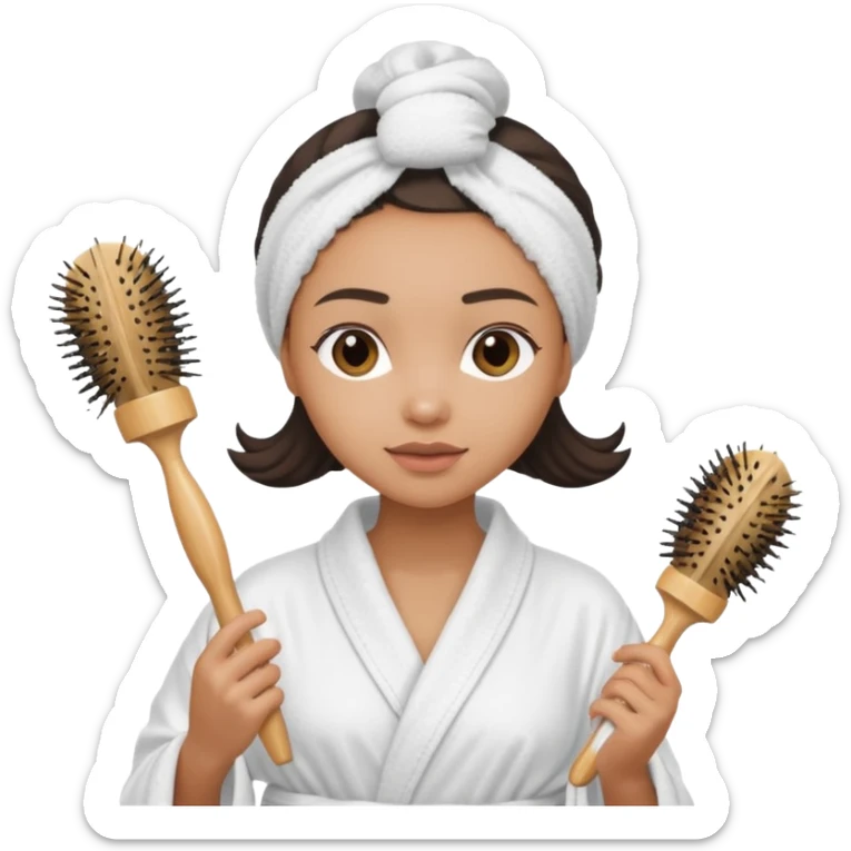 lightskin Women wearing shower robe and their hair with towel holding a brush sticker