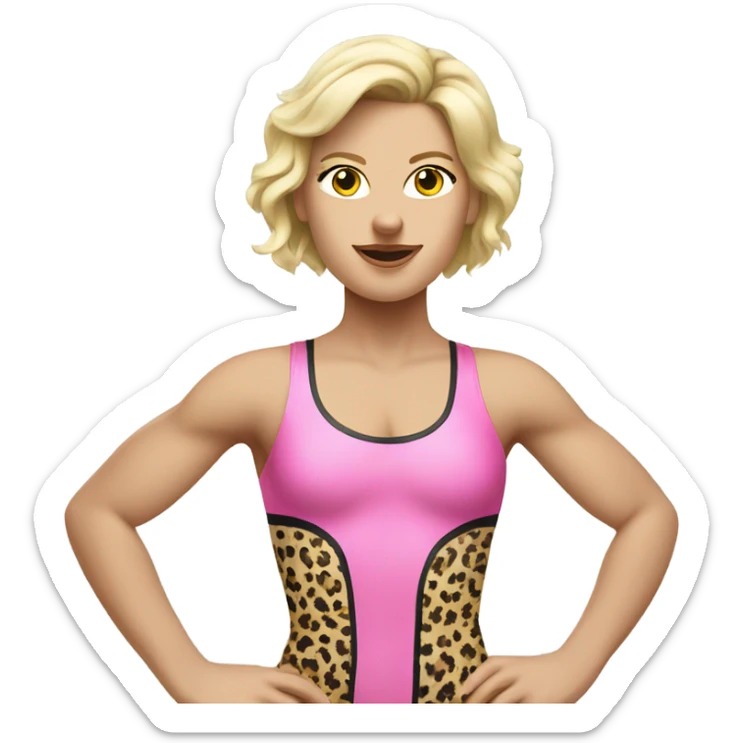 Tall blonde Caucasian woman wrestler wearing a pink leopard print leotard blowing a kiss sticker